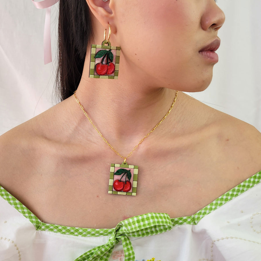 Cherry Tile Pendant Necklace