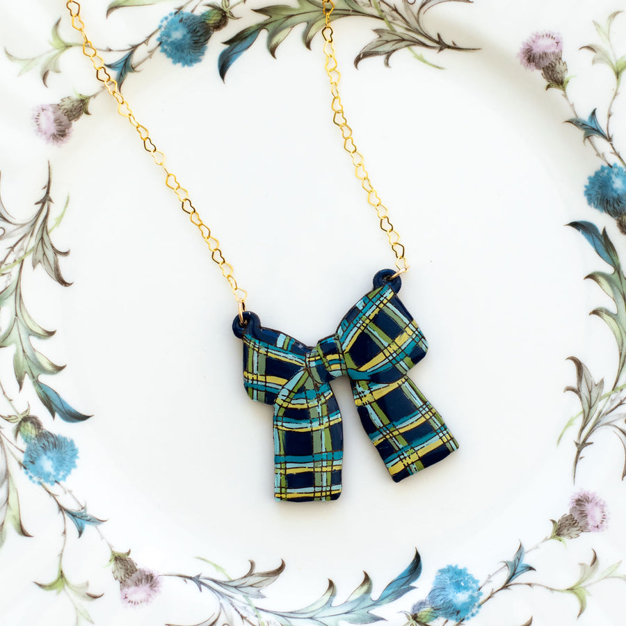Green Plaid Bow Necklace